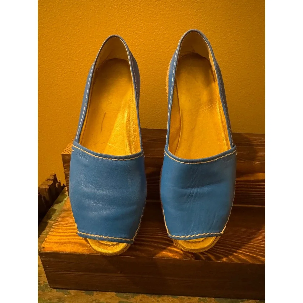 Vintage Prada Blue Leather Espadrille Platform Peep Toe Sandals, size 38